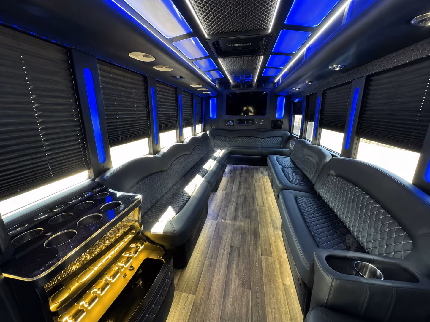 Wraparound seating inside a party bus rental serving Orlando